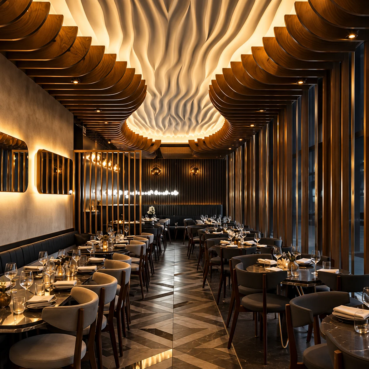 Moody outdoor restaurant dining area beneath a timber pergola