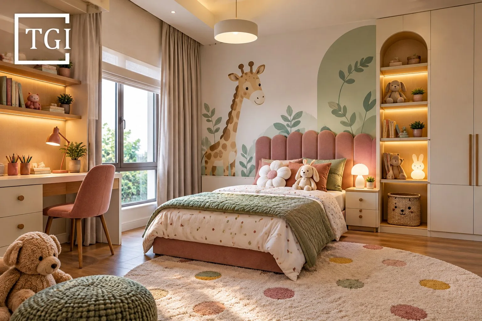 Cozy children’s room with a giraffe mural and built-in shelves