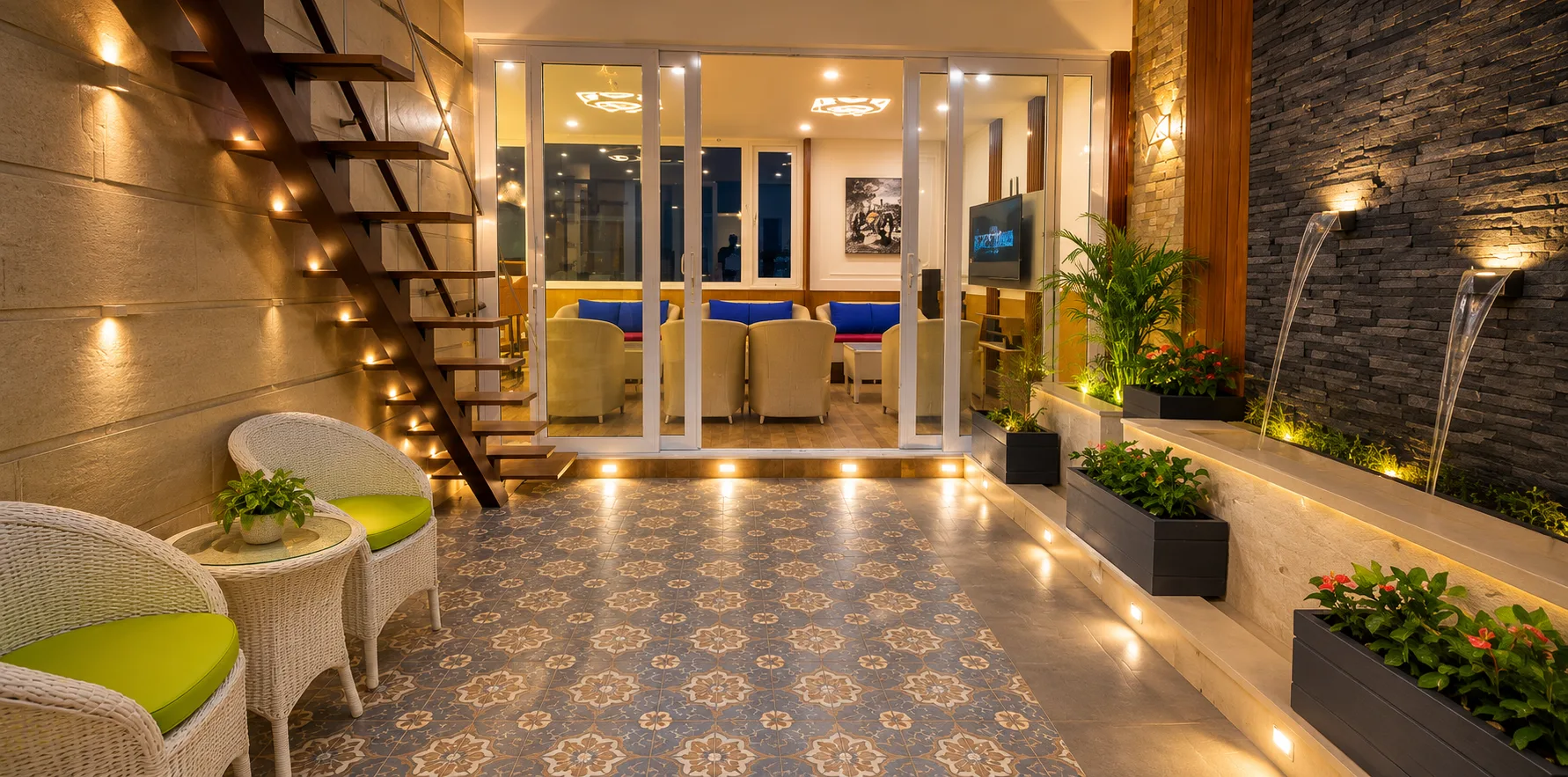 Completed landscaped terrace with planting and finished outdoor surfaces