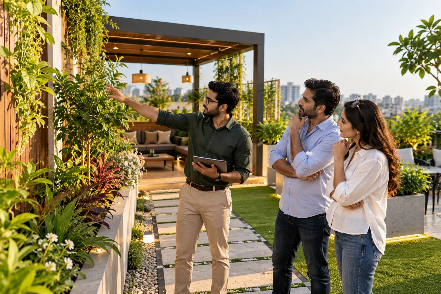 A designer and client planning a rooftop garden together