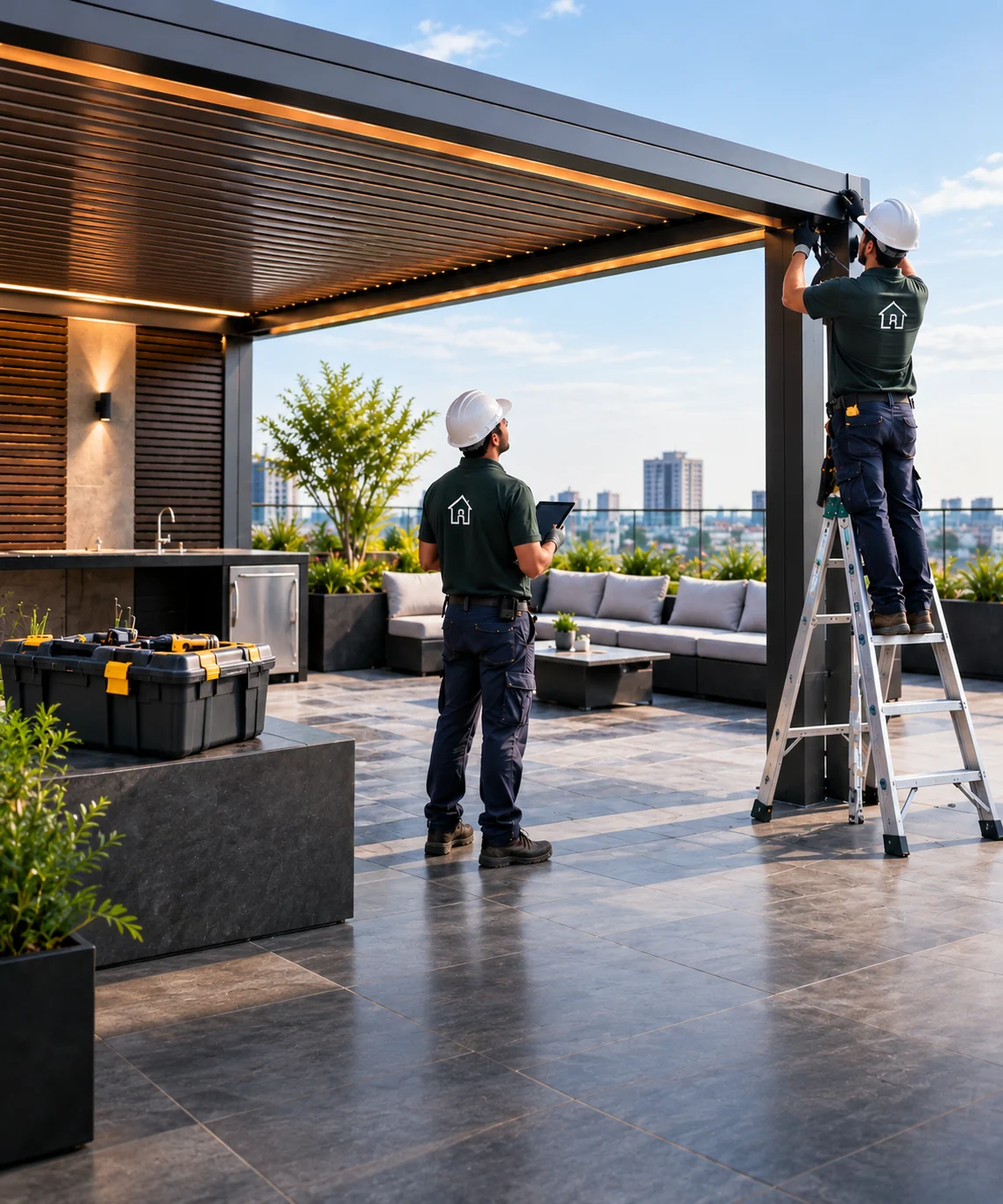 Garden installation specialists fitting a pergola and laying terrace paving