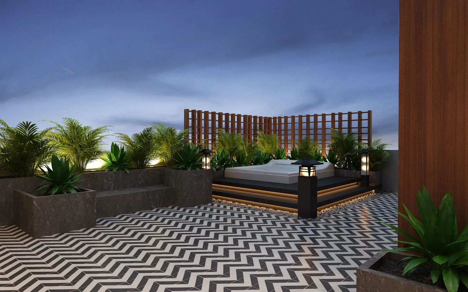 Rooftop terrace garden with layered planting and seating