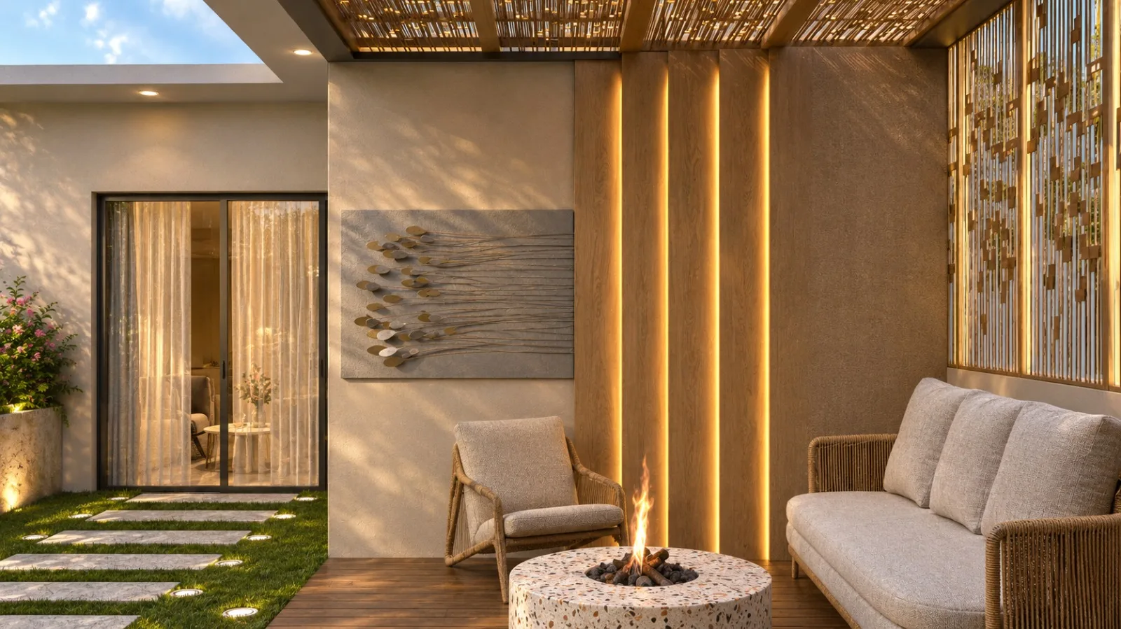 Sheltered rooftop lounge with warm timber and garden views