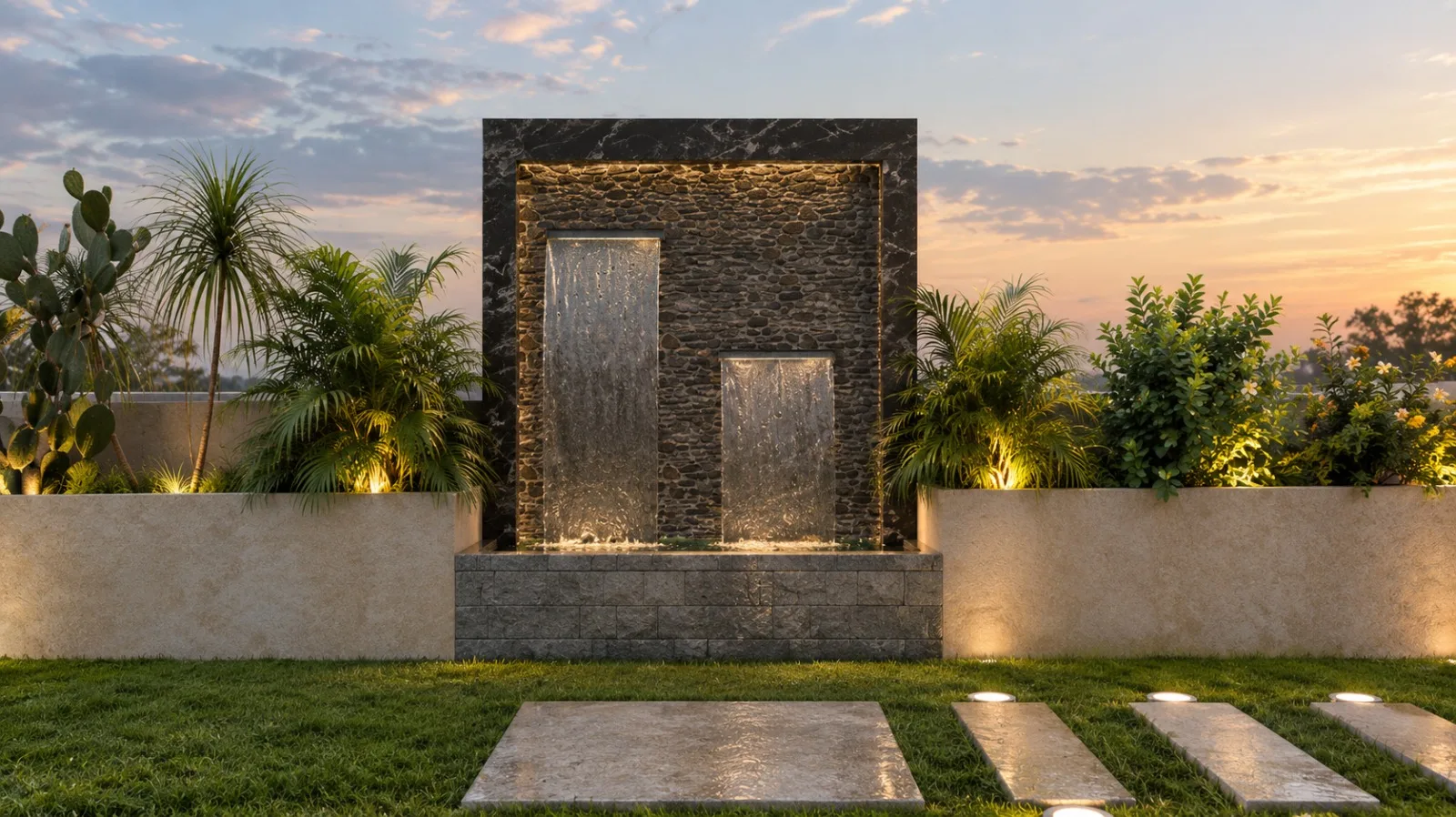Stone water feature framed by lawn and terrace planting