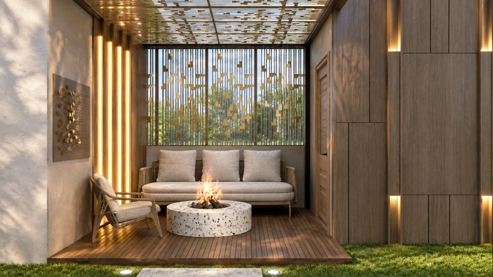 Outdoor living room with comfortable seating and green views