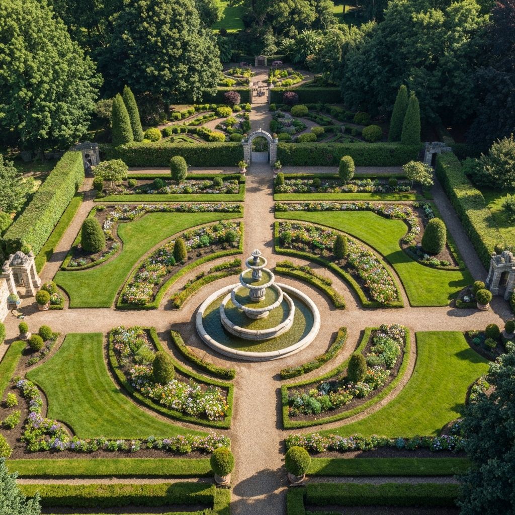 Aerial view of a beautifully designed garden landscape
